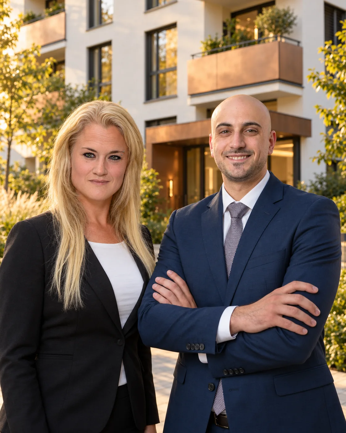 Anja Böhm und Enrico Popaj, Geschäftsführung der Adsensio Immobilien GmbH, vor einer Wohnimmobilie
